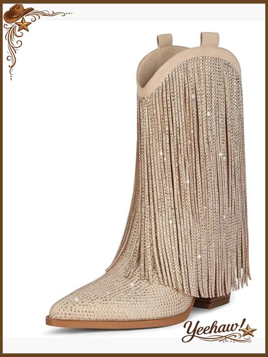 Shoes - Suede Western Boots with Rhinestones and Fringe, Chunky Heel